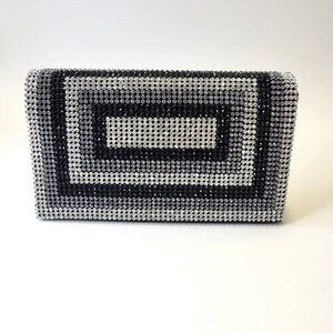 Black Silver Flap Clutch Purse with Rhinestones Formal Envelope Clutch Purse